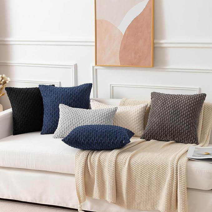 Kevin Textile Soft Corduroy 12"x24" Lumbar Pillow Cover 1 Pack, Light Grey | Boho Stripe Plush Corduroy Decorative Oblong Cushion Cover Modern Farmhouse Home Decor for Sofa Couch Bed Chair