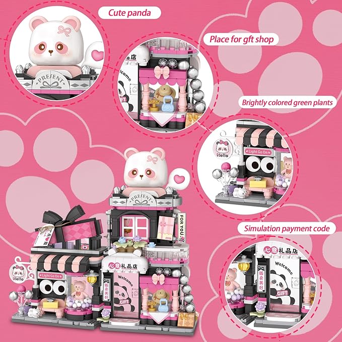 Cute Panda Mini Building Blocks Set, 938PCS MOC Mini Architecture Building Kits with Gift Shop Street View Design - STEM Educational Construction Gift for Girls Boys Kids Adults
