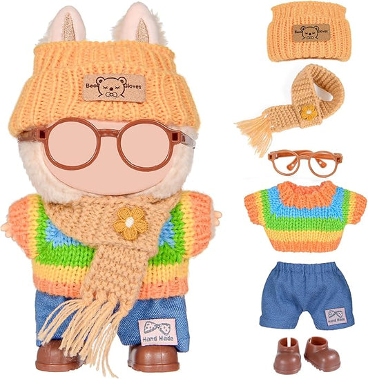 Knit 17cm Doll Clothes Accessories Set Include: 1 Hat, 1 Sweater, 1 Pants, 1 Scarf, 1 Glasses and 1 Shoes for Dress up Your Dolls (Doll Not Included), Knit #1
