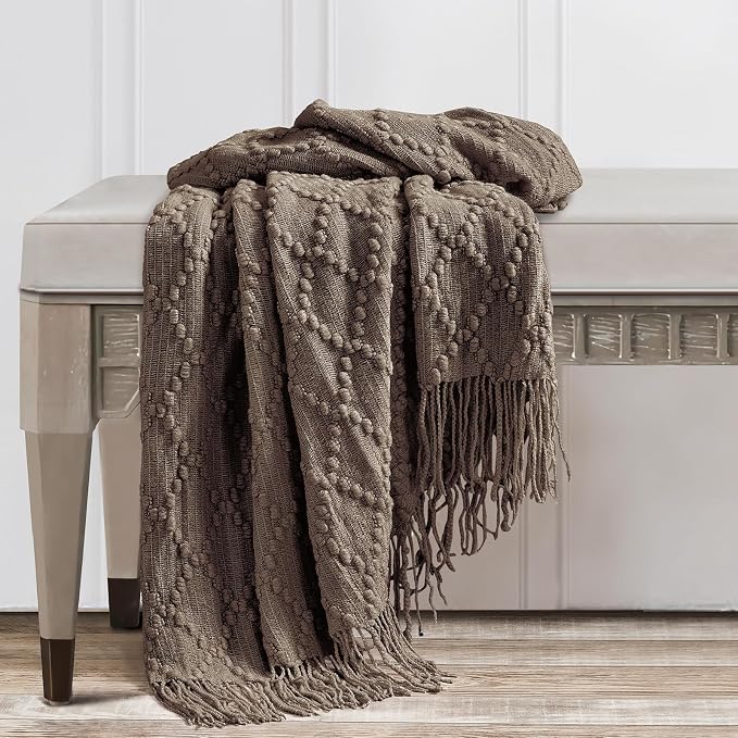 BOURINA Brown Throw Blanket 50 x70 Inch Jacquard Throw Knitted Blanket | Jacquard Argyle Throw Textured Solid Soft Throws and Blankets for Sofa or Bed Knitted Decorative Blanket