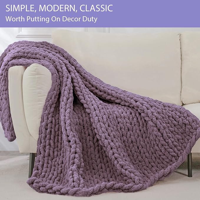 Bigacogo Chunky Knit Throw Blanket for Couch, 40x80 inches, Winter Grape | Hand Knit with Jumbo Chenille, Soft Breathable Cable Knit for Sofa Bed Living Room, Machine Washable, Gift for Mom Friend