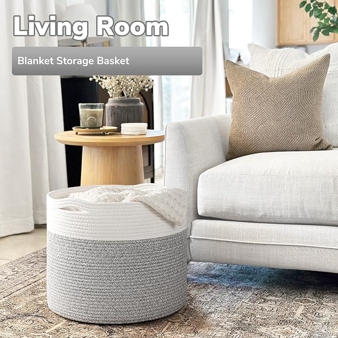Goodpick Woven Blanket Basket Living Room, Toy Bin for Playroom, 45L | 15.8 x 15.8 x 13.8 In Toy Storage Basket for Nursery, Blanket Basket for Living room, Laundry Basket, Light & Grey