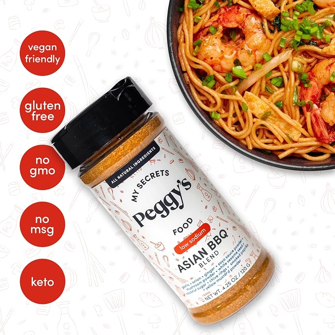 My Secrets Peggy’s Food Asian BBQ Seasoning Blend - Low Sodium Umami Spice Rub for Grilling, Roasting & Stir Fry, All Purpose Meat & Vegetable Seasoning, 4.25 Oz