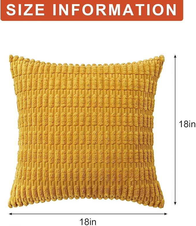 Aegero Pack of 2 Corduroy Decorative Throw Pillow Covers 18x18 Inch, Yellow | Fall Soft Striped Pillow Covers Modern Farmhouse Home Decor Christmas Throw Pillow Covers for Sofa Living Room Couch Bed