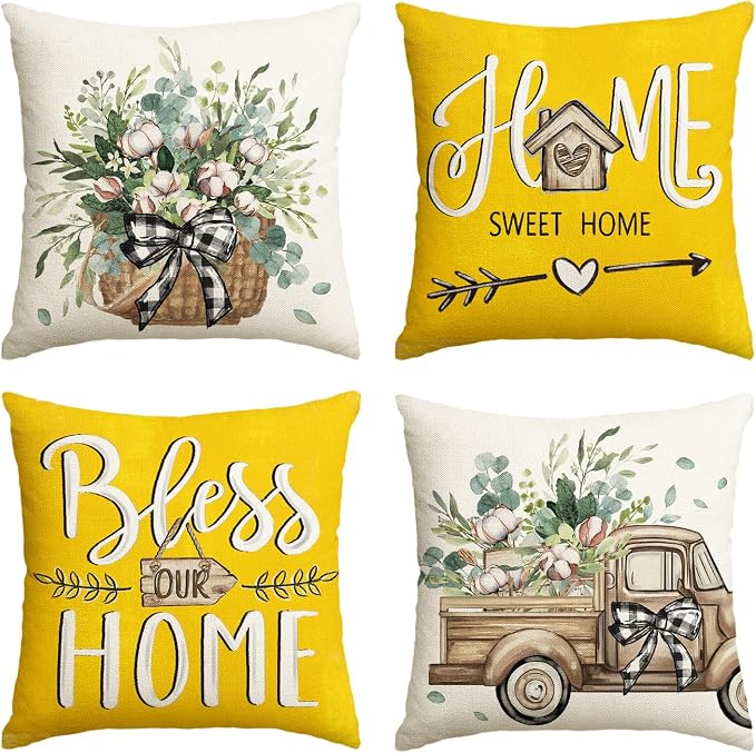AVOIN colorlife Bless Our Home Farmhouse Eucalyptus Leaves Throw Pillow Covers, 20 x 20 Inch Yellow Truck Home Sweet Cushion Case Decorations Set of 4