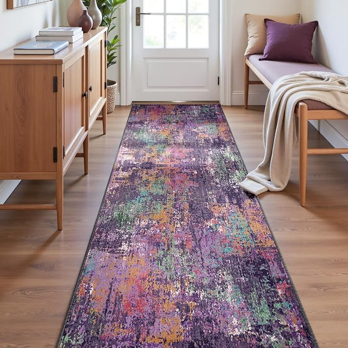 RELEANY Washable Runner 2'x6' Abstract Area Rug for Hallway Purple Multi | carpet for kitchen, entryway, bathroom, living room, bedroom, printed pattern, non-slip, soft, stain-resistant, easy to clean