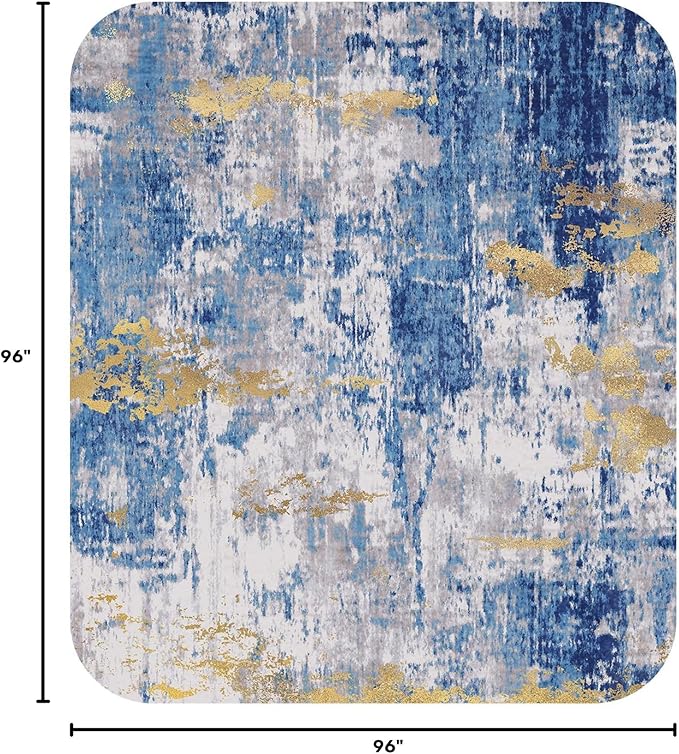 RELEANY Washable Round 8ft Area Rug for Living Room Blue Gold | carpet for bedroom, kitchen, office, hallway and entryway, printed pattern, non-slip, soft, stain-resistant, easy to clean