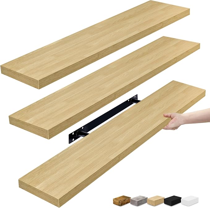 Sorbus Floating Shelves for Wall - 35 Inch Long Bathroom Shelves, Wall Decor for Bedroom, Kitchen, Living Room & Book Storage - Mounted Floating Shelf with Invisible Brackets (Maple Wood, 3 Pack)