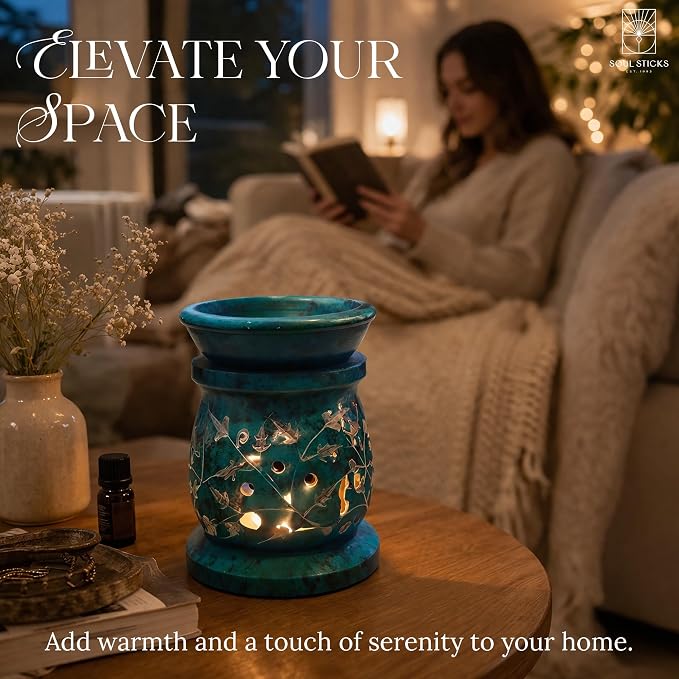 SOUL STICKS Stone Soapstone Aroma Lamp Stylish Beautiful Elegant Decorative Handcrafted Aroma Wax Burner Oil Diffuser for Aromatherapy, Meditation and Home Fragrance with Tealight Holder, 3 (Blue)