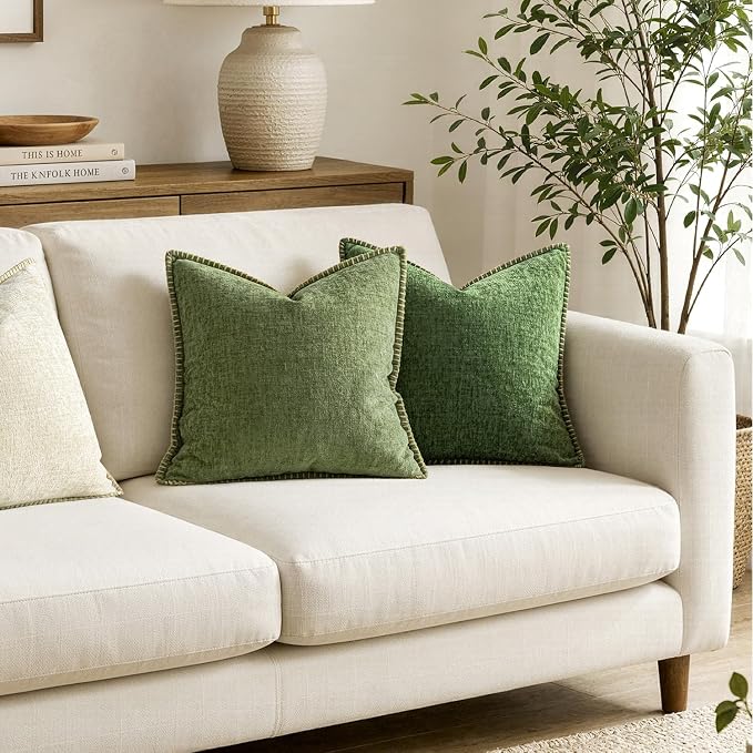 MIULEE Decorative Couch Throw Pillow Covers 20x20 Inch Sage Green 2 Pack | Farmhouse Pillow Covers with Stitched Edge, Soft Chenille Cushion Cases, for Sofa Bed Living Room Home Decor
