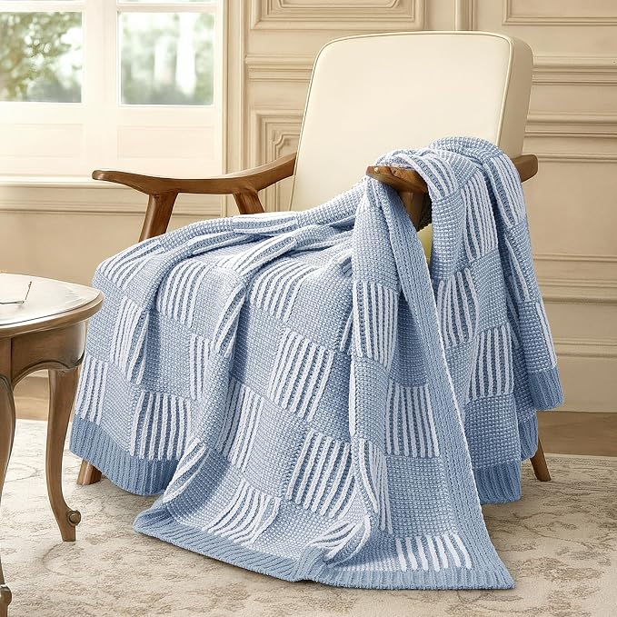 Knit Throw Blanket, Soft Chenille Cozy Breathable Dual Tone Checkered Chunky Decorative Blanket for Couch, Bed & Sofa, French Lightweight Warm Gift for Women, Washed Blue, 60"x80"