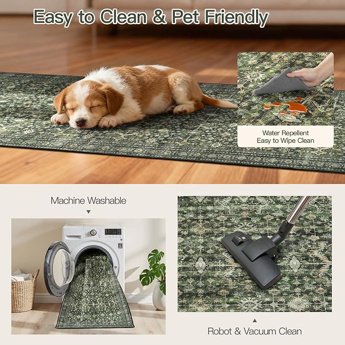 2'6"x10' Area Rugs for Hallways, Green Washable Non-Slip Kitchen Runner Rug | Low Pile Runner Rugs, Soft Carpet for Kitchen Bathroom Bedroom Laundry, Stain Resistant Foldable Vintage Distressed Rug