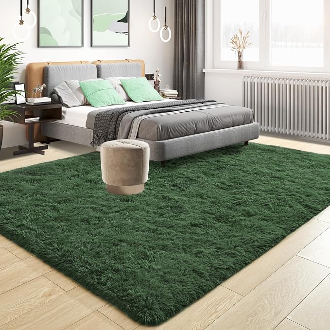 Tepook Fluffy Dark Green Rugs for Living Room Bedroom, 6x9 Soft Area Rug Forest Hunter Green Kids Girls Boys Rug, Indoor Plush Shaggy Non-Slip Carpet for Nursery Classroom Dorm Home Decor