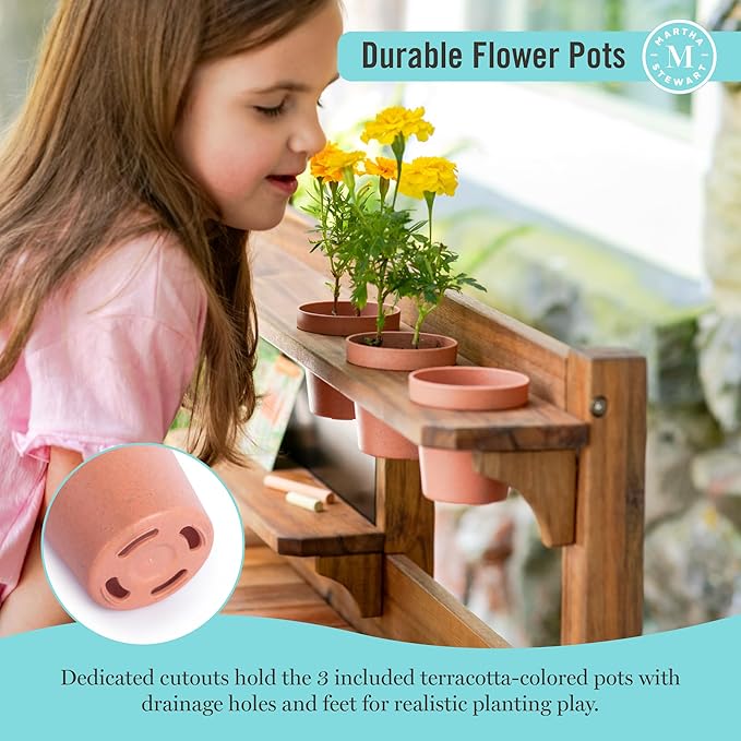 Martha Stewart Kids Outdoor Potting Bench: Acacia Wood Kids Gardening Set with Pots, Garden Tools, Soil Bin and Open Shelves | Wide Extendable Workspace | Wooden Backyard Playset for Outdoor Activity