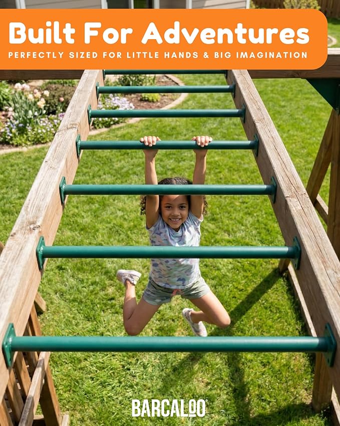 Barcaloo 30 Inch Outdoor Monkey Bars for Backyard - Set of 6, Green Metal Outdoor/Indoor Monkey Bars for Kids - Playground Ladder, Climbing or Swing Set - Kit Includes Mounting Plates & Hardware