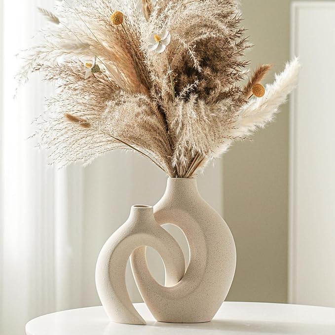 Hollow Ceramic Vase Set of 2, Modern Nordic Minimalist Book Style Boho Aesthetic Vases for Home Decor Living Room Shelf Entryway Coffee Centerpiece Table Decorative (Cream White)