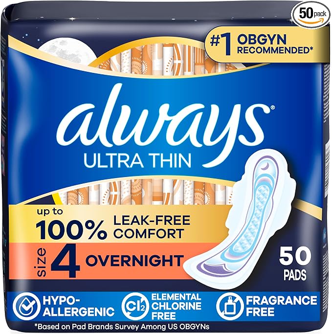 Always Ultra Thin Feminine Pads with Wings for Women, Size 4, Overnight Absorbency, Unscented, Up to 100% Leak-Free Comfort, 50 Count