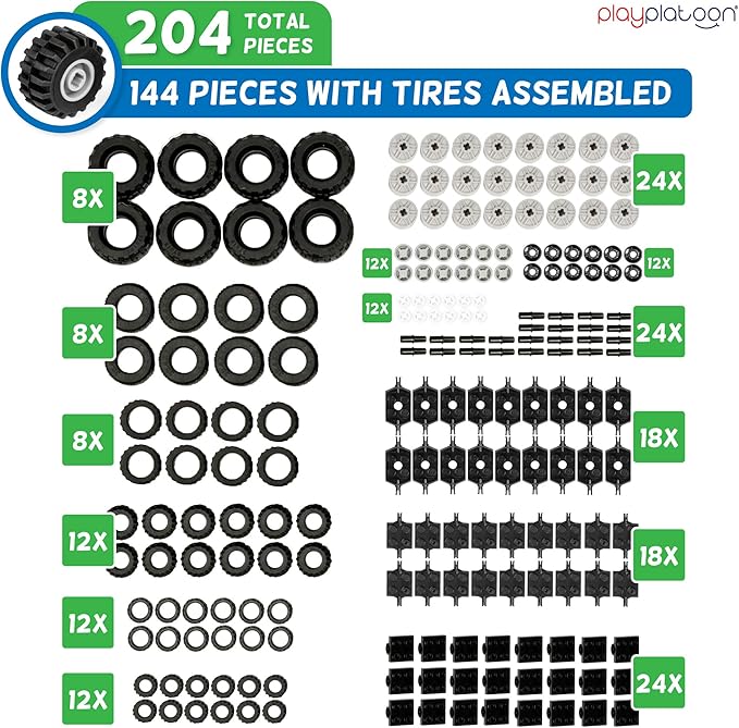 Play Platoon 144 Piece Wheels and Axles Sets, Building Bricks Car Parts and Pieces Kit - Car Building Set with Wheels, Axles & Windshields