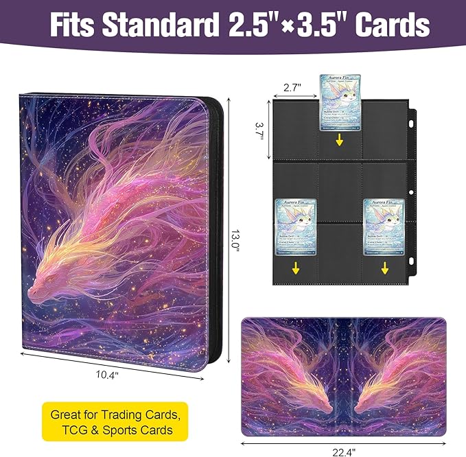Trading Card Binder 900 Capacity, 50 Double-Sided 9-Pocket Top-Loading, 3-Ring TCG Album for 2.5 x 3.5 Cards, Acid Free PVC Free, Water-Resistant PU with Wrist Strap - Nebula Dragon Design