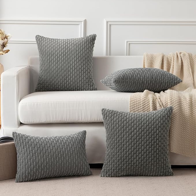 Kevin Textile Soft Corduroy 16"x24" Lumbar Pillow Cover 1 Pack, Dark Grey | Boho Stripe Plush Corduroy Decorative Oblong Cushion Cover Modern Farmhouse Home Decor for Sofa Couch Bed Chair