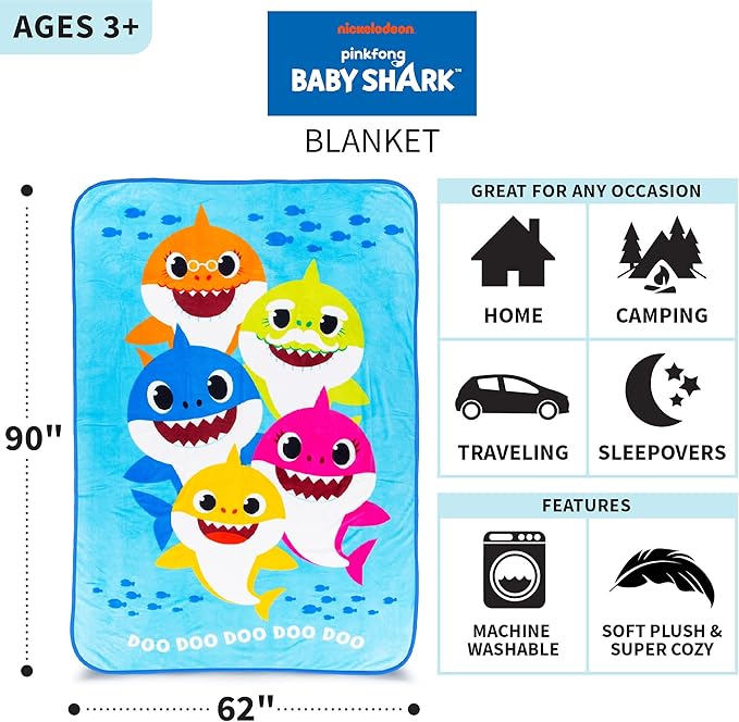 Franco Kids Bedding Super Soft Plush Micro Raschel Blanket, 62 in x 90 in, Baby Shark