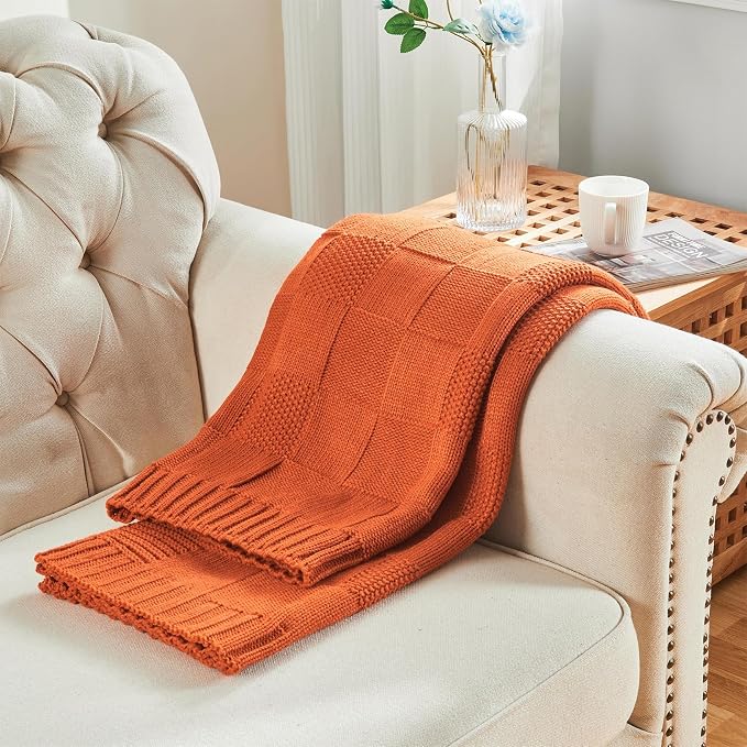 CozeCube Rust Orange Knitted Checkered Throw Blanket 50"X60" | Check Knit Throw for Couch, Decorative Christmas Soft Cozy Warm Blanket for Bed Sofa Living Room