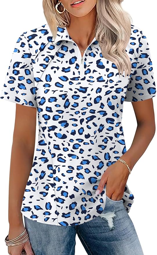 LOMON Womens Golf Polo Shirt Summer Short Sleeve Quarter Zip Outfit | Side-Pockets,Princess Seams,Cotton,Wrinkle Free,Moisture Wicking,Quick-Dry,Lightweight,Collared,for Tennis Workout