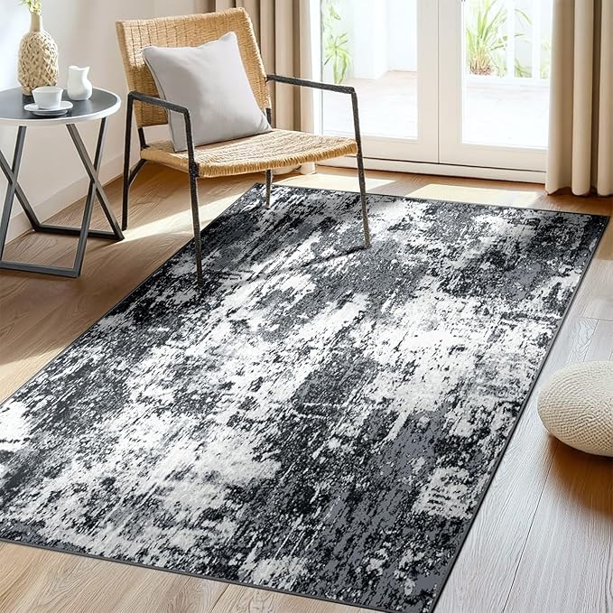 RELEANY Washable 4'x5' Abstract Area Rug for Living Room Black White | carpet for bedroom, kitchen, office, hallway and entryway, printed pattern, non-slip, soft, stain-resistant, easy to clean
