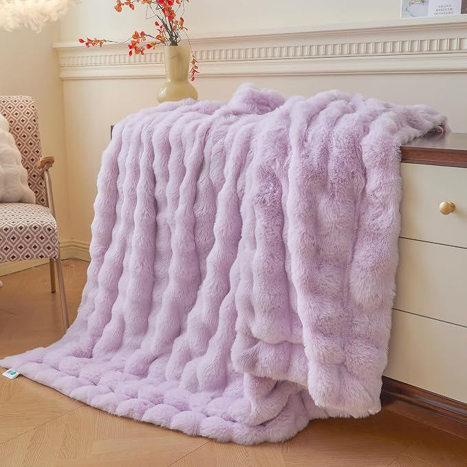 LIFEREVO Luxury Fluffy Faux Rabbit Fur Throw Blanket 60x80, Lavender | Plush Furry Bubble Lap Throw for Couch Sofa Office, Soft Cozy Light Purple Bed Blanket Home Decor, Washable & Skin-friendly