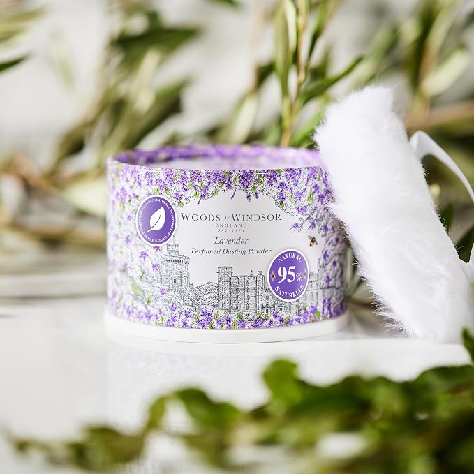 Woods of Windsor Lavender Odour Control Dusting Powder Body Puff 0.22 lb | Floral Body Talcum Powder, Helps Reduce Chafing, 95% Naturally Derived Ingredients, Vegan and Cruelty Free
