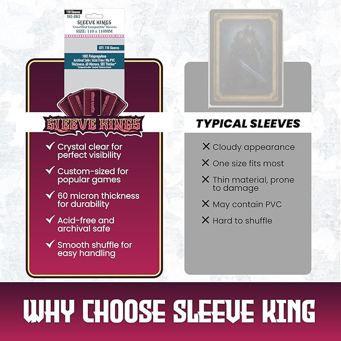 Sleeve Kings Unsettled Compatible Card Sleeves – 110 Pack, 110 x 110 mm, Extra Clear 60 Micron Polypropylene, Acid-Free, PVC-Free, Card Protection for Board Games – SKS-8843