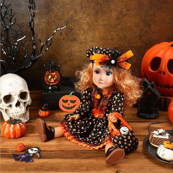 JANYUN 18 Inch Doll Clothes Accessories Halloween Witch Costume Candy Corn Suit Set with Witch Hat Candy Bag for Doll Halloween Costumes Gifts