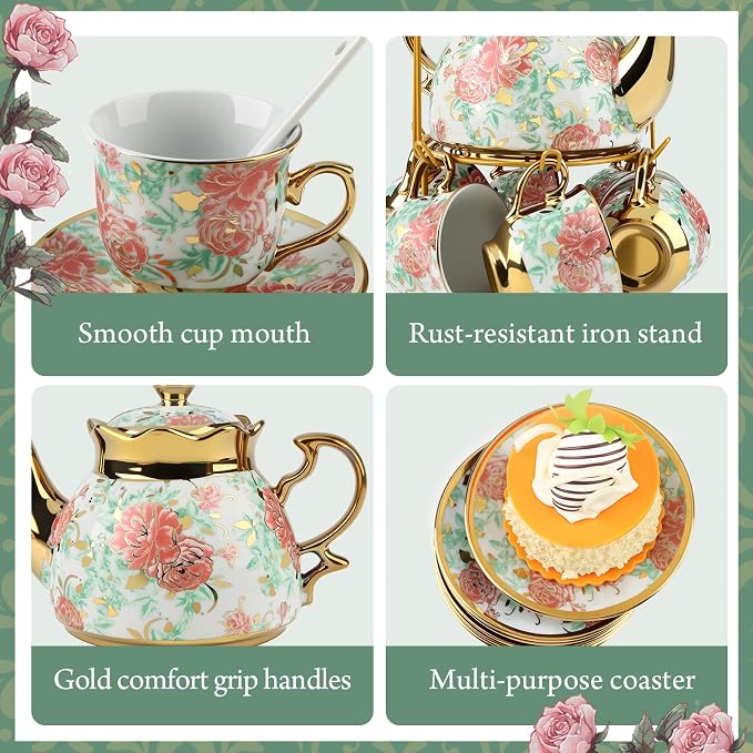 20 Pcs Porcelain Tea Set with Metal Holder, Adult Tea Set Gift, European Ceramic Tea Set for Adults, Flower Tea Cup Saucer Set for Party With Gold Flower Painting (Vibrant Green)