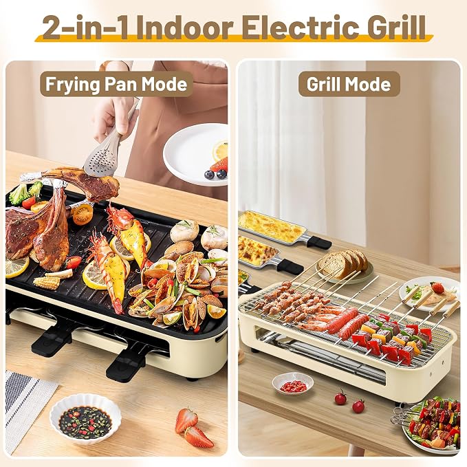 Pukomc Electric Indoor Grill,2 in 1 Indoor Grills for Kitchen | Grill Net & Non-Stick Cooking Removable Plate, Temperature Control, Dishwasher Safe, 1800W Large Smokeless