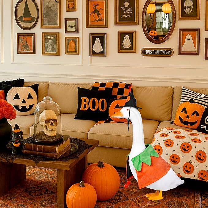 Halloween Porch Goose Outfit, 23inch Pumpkin Goose Costume, Fall Geese Clothes for Cement Geese Statue Outdoor Garden Yard Decor