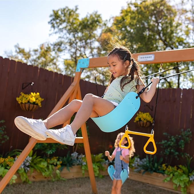 Teamson Kids Laguna Wooden Swing Set with Slide & Climbing Wall, Solid Wood, Natural and Aqua