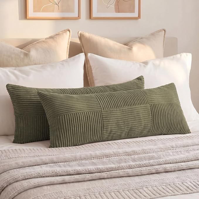 Fancy Homi Set of 2 Olive Green Boho Long Lumbar Body Decorative Throw Pillow Cover 14x36 Inch for Bed Couch Bedroom Bench, Soft Patchwork Corduroy Textured Pillow Case, Rustic Farmhouse Room Décor