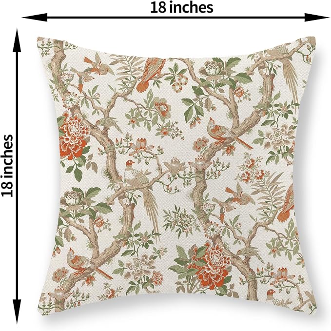 Chinoiserie Pillow Covers 18x18 Set of 2 Orange Green Bird Floral Throw Pillows Vintage Flowers Decorations Outdoor Pillowcase Chinoiserie Decor Farmhouse Linen Cushion Case for Couch Home
