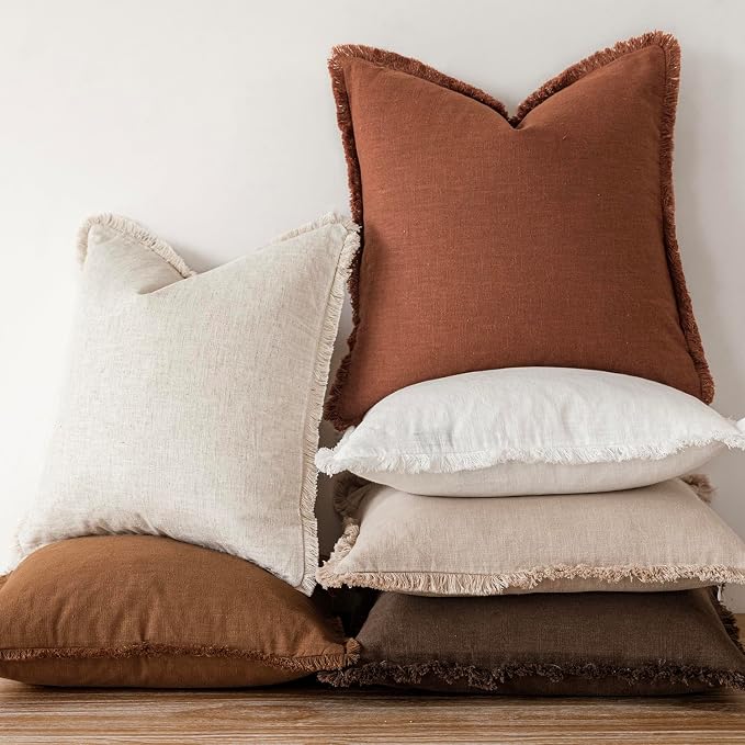 Foindtower Set of 2 Decorative Linen Fringe Throw Pillow Covers Farmhouse Cushion Cover with Tassels Soft Accent Pillowcase for Couch Chair Sofa Bed Living Room Home Decor,22×22 Inch,Fall Rust Orange