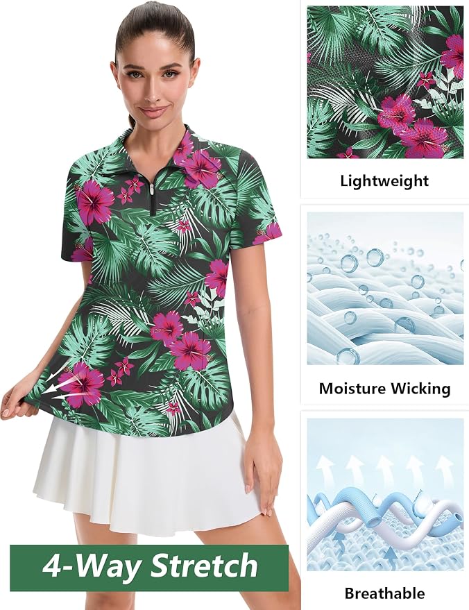 LOMON Womens Golf Polo Shirt Summer Short Sleeve Quarter Zip Outfit | Side-Pockets,Princess Seams,Cotton,Wrinkle Free,Moisture Wicking,Quick-Dry,Lightweight,Collared,for Tennis Workout