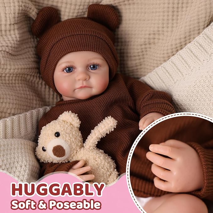 BABESIDE 17 Inch Reborn Baby Dolls, Lifelike Newborn Doll with Soft Cloth Body, Handmade Baby Doll with Bear Hat & Toy, Set Includes Bottle, Magnetic Pacifier, Clothes, Gift for Kids Age 3+