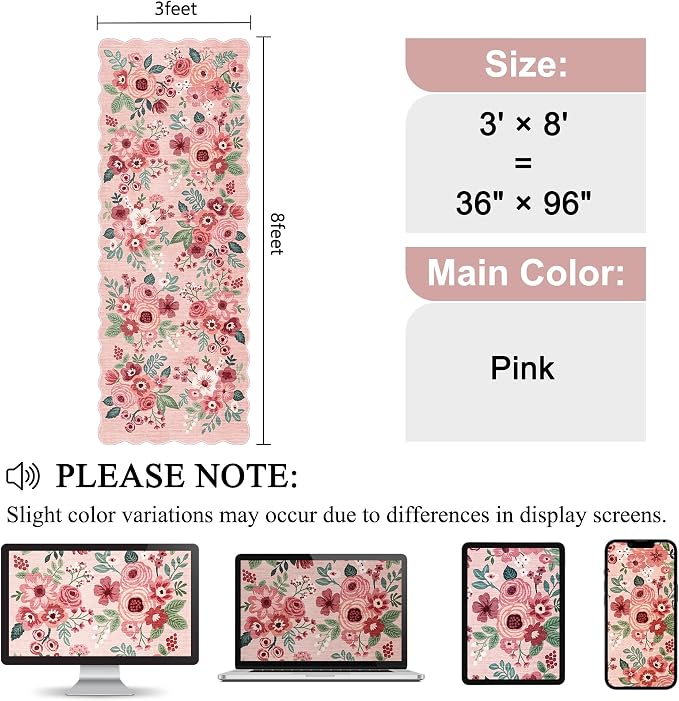 DUKINO 3x8 Kitchen Runner Rug, Soft Floral Washable Rug for Hallway, Pink | Low Pile, Stain Resistant Throw Rug Runner for Entryway, Bedroom, Bathroom, Laundry, Pet Friendly, Modern Home Decor
