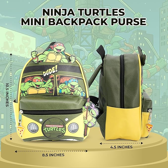 AI ACCESSORY INNOVATIONS Teenage Mutant Ninja Turtles Mini PU Backpack Purse, TMNT Shoulder Bag with Epoxy Filled Metal Pizza Charm, 10.5 Inch, Adjustable Shoulder Straps, Faux Leather