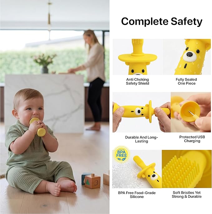Vibrating Baby Teether & Toothbrush l Teething relief & Bone conduction music l Soft BPA-Free Silicone baby teethers, oral sensory chew toys for kids & babies,Teething Toys 9-24 Months, Yellow