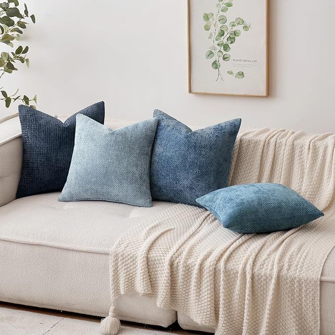 MIULEE Decorative Couch Throw Pillow Covers 16x16 Inch Coastal Blue 2 Pack | Modern Boho Accent, Soft Chenille Pillow Covers, Farmhouse Cushion Cases for Home Decor Bed Sofa Living Room