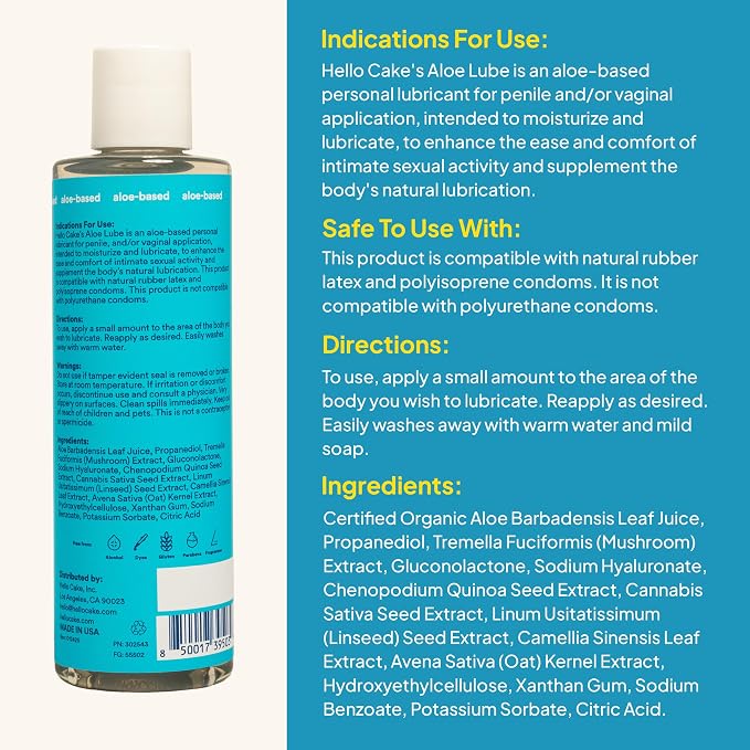 Hello Cake Aloe-Based Personal Lubricant - Hydrating, Hypoallergenic, pH-Balanced, Non-Sticky, Condom Compatible, for Men, Women, & Couples, 8 fl oz
