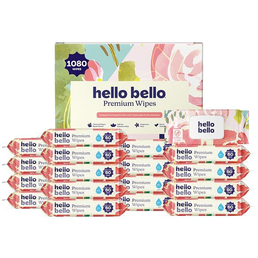 Hello Bello Premium Wipes, Designed for Sensitive Skin with Chamomile & Aloe Extracts, Rosy Posy (18 Resealable Packets = 1080 Total Wipes)