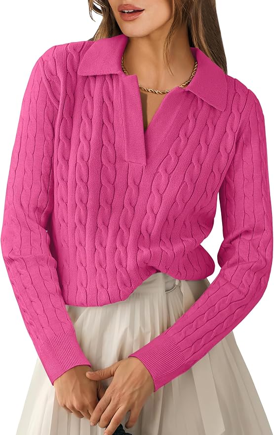 ANRABESS Womens Cable Knit Sweaters Long Sleeve V Neck | Pullover Collared Sweater Tops, Polo Knit Shirts, Business Casual Work, Tennis Golf, Fall Winter Fashion Outfits