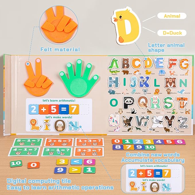 Magnetic Alphabet & Number with Animal-Shaped 2-in-1 ABC & Math Learning Toys for Kids Ages 3-6 | Spelling, Counting, Montessori Preschool Educational Toy with Storage Book