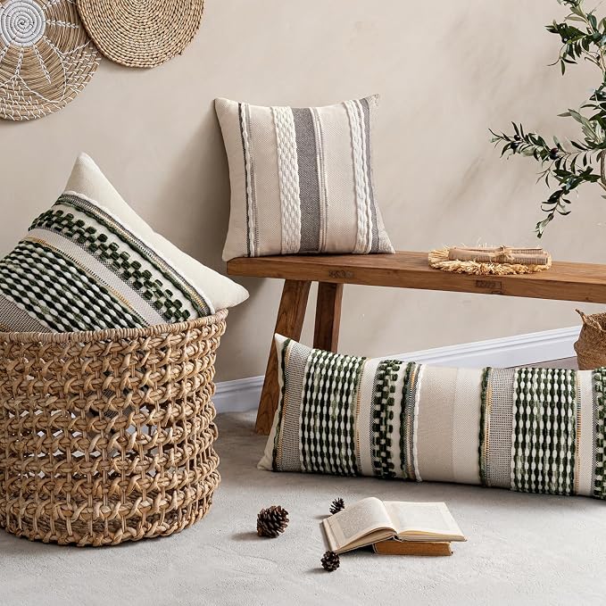 ANRODUO Boho Decorative Pillow Covers Olive Green Stripe 26x26 Pack of 2 | Euro Throw Pillow Covers, Farmhouse Cushion Case, Chenille Pillow Cases, Pillow Covers, Neutral Pillowcase for Sofa Couch Bed